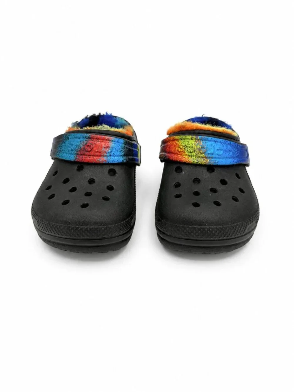 Crocs Toddler Black Fuzzy Lined Clogs Multicolor Strap Size 5